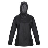 Women's hooded waterproof jacket in dark fabric with a front zipper