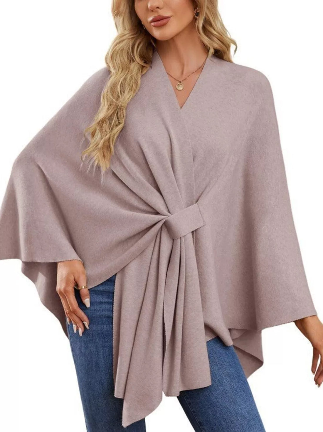 Women’s drape shawl cape in light gray with front tie and wide sleeves
