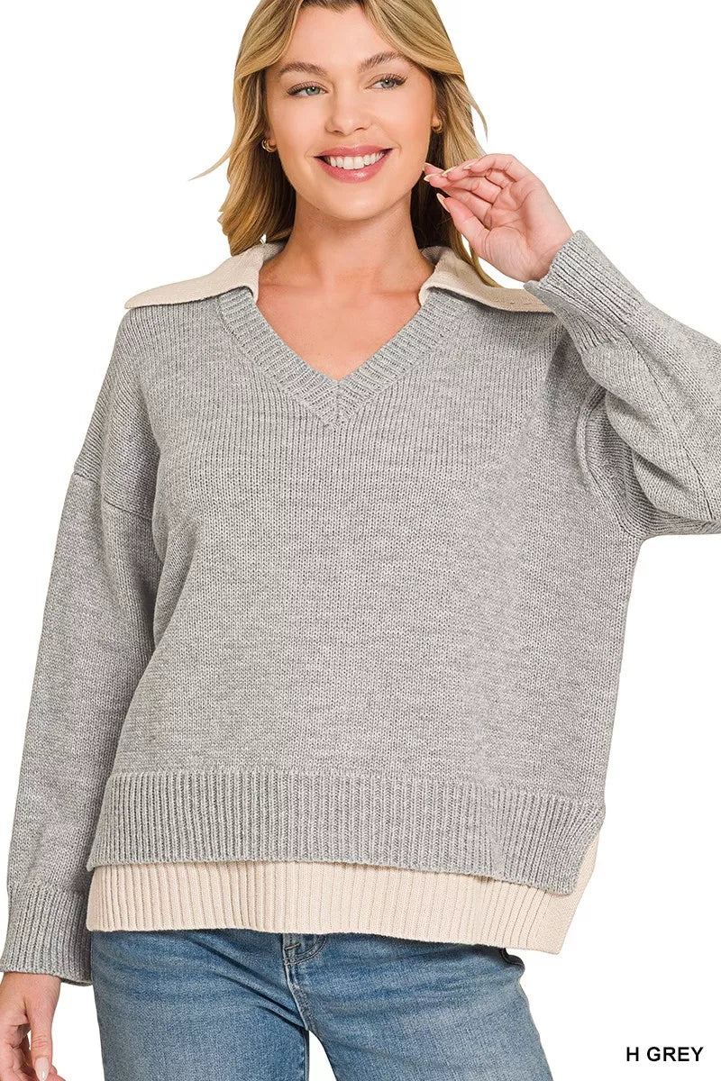 Grey V-neck sweater with contrasting beige back-collar and ribbed hem, long sleeves