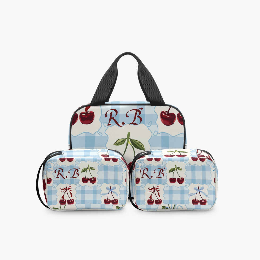 Blue 3 Piece Gingham Makeup Bag Set | Personalized Cherry Print