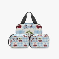Blue 3 Piece Gingham Makeup Bag Set | Personalized Cherry Print