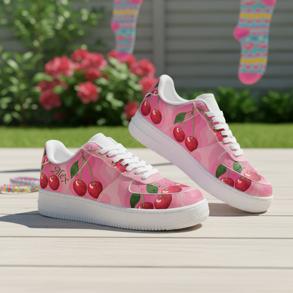 Custom Pink Cherry Low Top Sneakers | Retro Pastel Preppy Print
