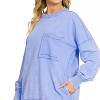 Women’s acid-wash sweatshirt with front pocket, raw-edge hem and cuff detail, cornflower blue