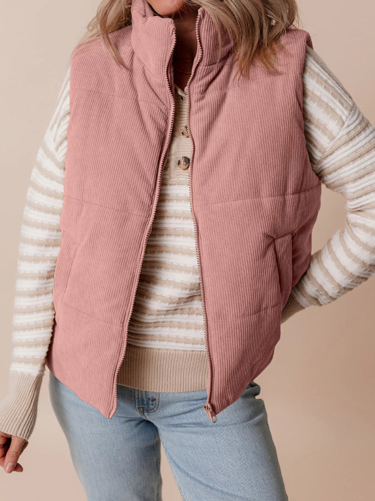 Corduroy Quilted Puffer Gilet with Stand Collar & Zip Fastening