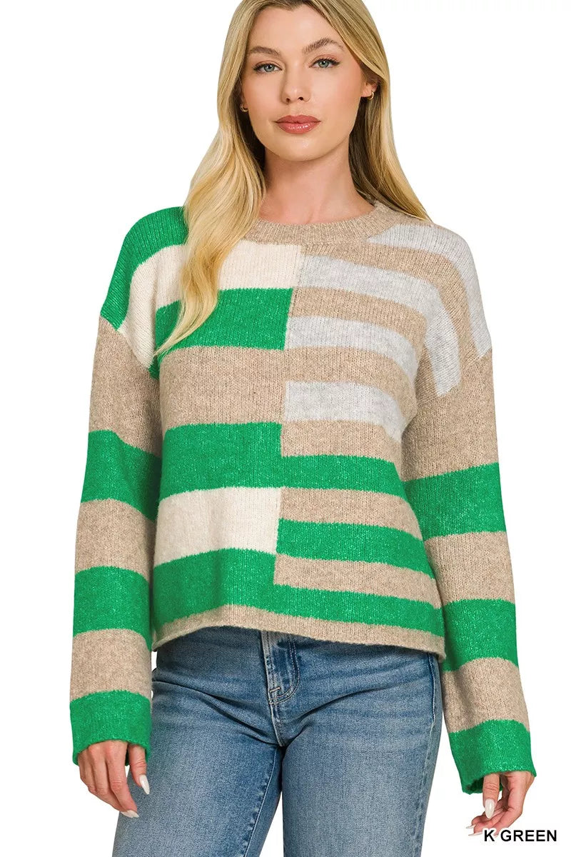 Lightweight wool blend sweater with green and tan horizontal color blocks