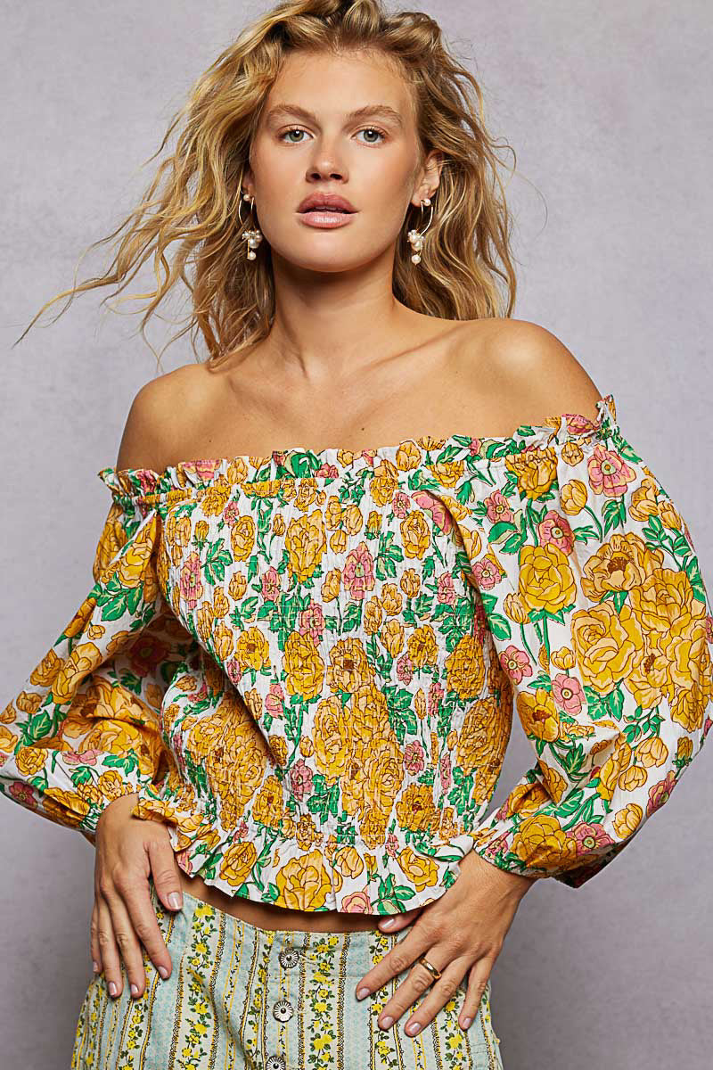Honey floral off-shoulder smocked blouse with long puff sleeves