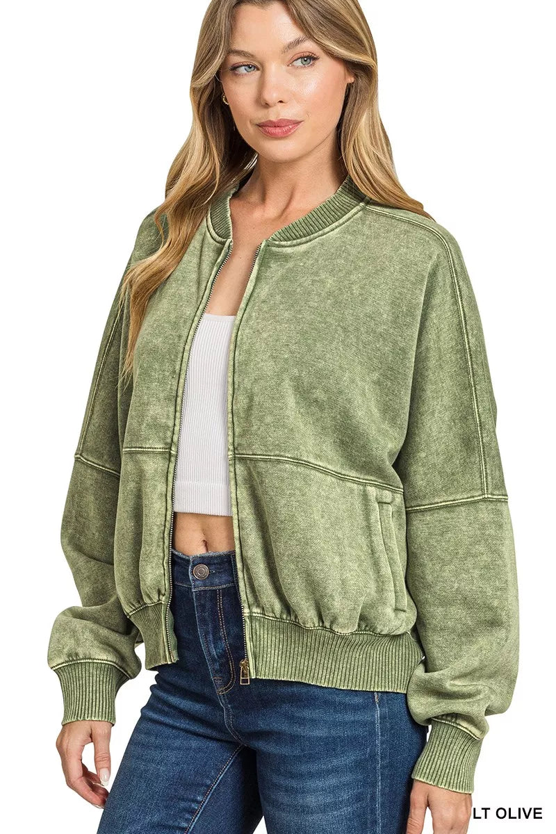 Olive acid-washed fleece zip jacket with kangaroo pocket, ribbed cuffs, and hem