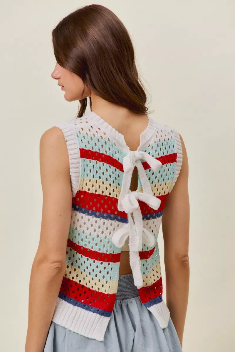 Sweater knit tie-back tank top, red and blue multi stripe pattern with bow