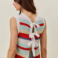 Sweater knit tie-back tank top, red and blue multi stripe pattern with bow