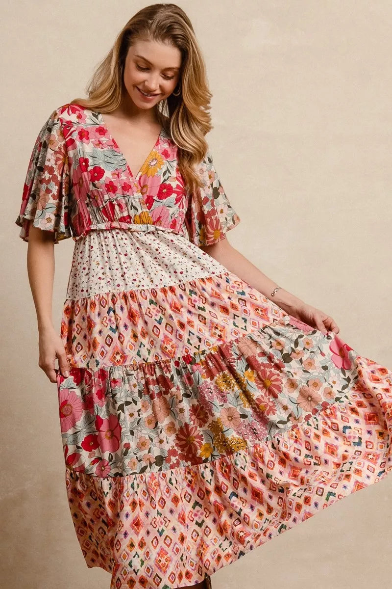 Floral print tiered midi dress with flutter sleeves and V-neck detail, rose mix
