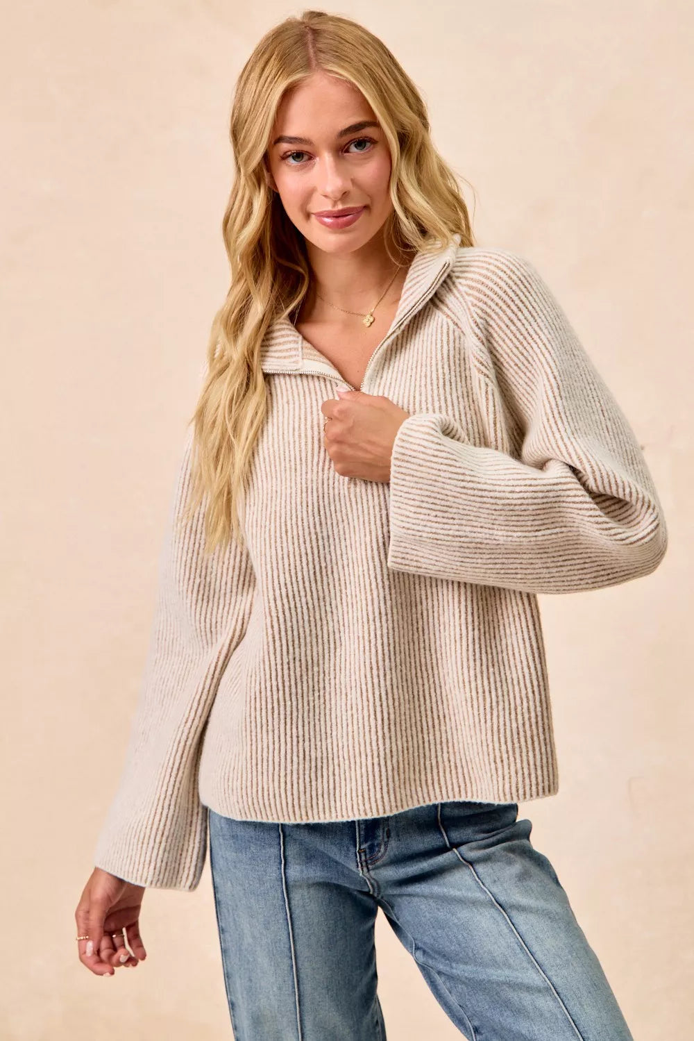 Taupe and cream textured rib knit zip-collar top, long sleeves