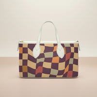 Checkered Tote Bag | Small Retro Wavy Warped Leather Handheld Bag