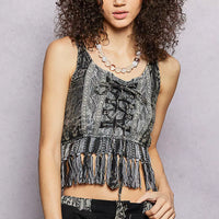 Charcoal lace-up fringe hem tank with embroidered lace panels and bow front