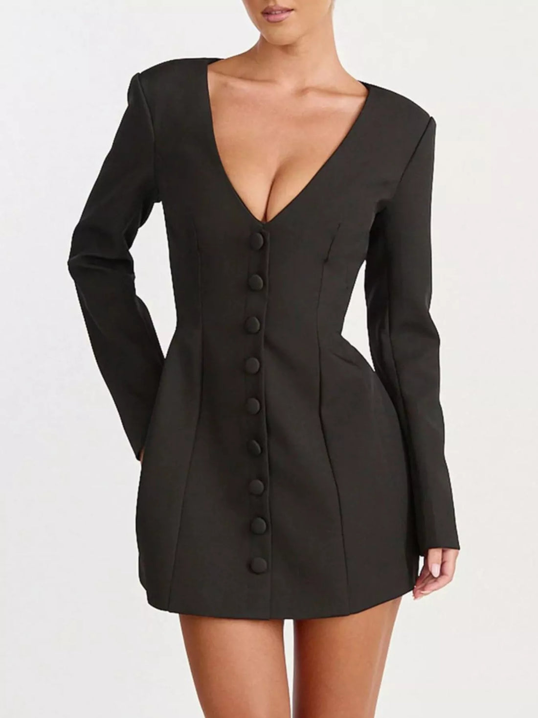 Black blazer dress with deep V-neck and long sleeves, button-front closure