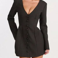 Black blazer dress with deep V-neck and long sleeves, button-front closure