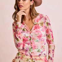 Pink multi floral mesh cardigan top with V-neck, button front, and shirred waist