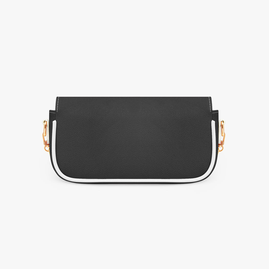 Black mini shoulder bag with curved white trim, flap front and gold strap hardware