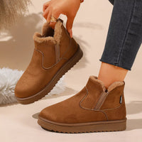 Camel ankle boots with faux fur collar, side elastic panels, and rugged outsole