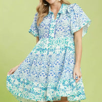 Blue floral tiered mini dress with flutter sleeves and button-front detail