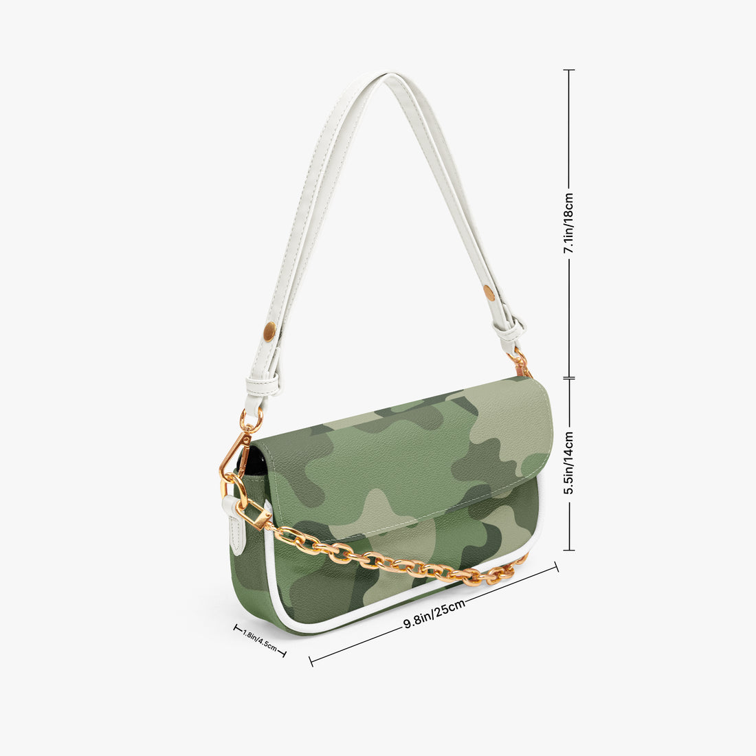 Green camouflage shoulder bag with white strap and gold chain, side view with curved base.
