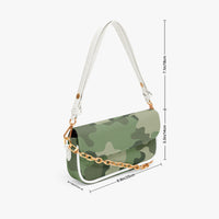 Green camouflage shoulder bag with white strap and gold chain, side view with curved base.