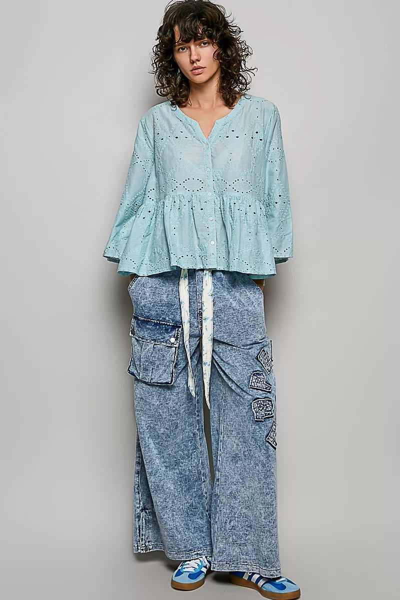 Aqua cotton eyelet peplum button-front shirt with V-neck, relaxed fit