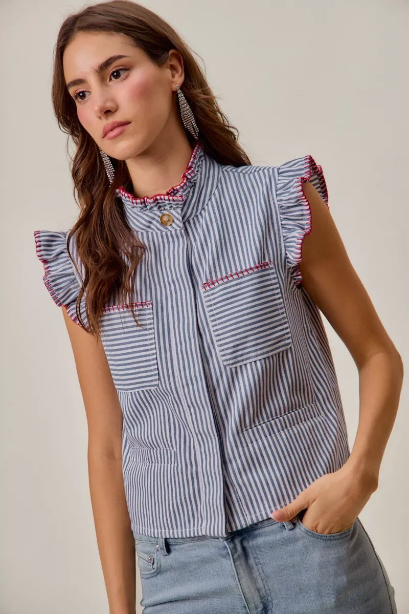 Ruffled sleeveless vest top with blue-and-white stripes, red-trim details, hidden button closure