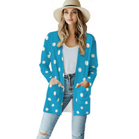 Women's Blue and White Polka Dot Cardigan Long-Sleeved Top with Pockets