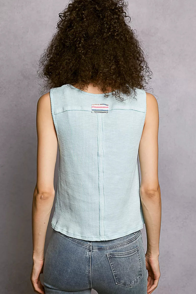Light blue ribbed tank top, sleeveless, plain back with center seam