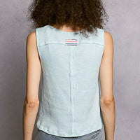Light blue ribbed tank top, sleeveless, plain back with center seam