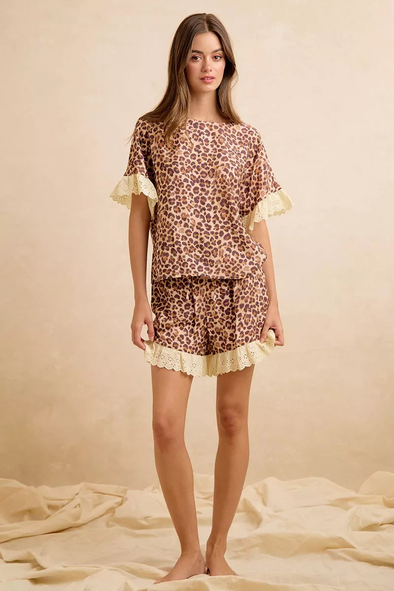 Leopard print top and shorts set with lace trim hem and ruffled sleeves