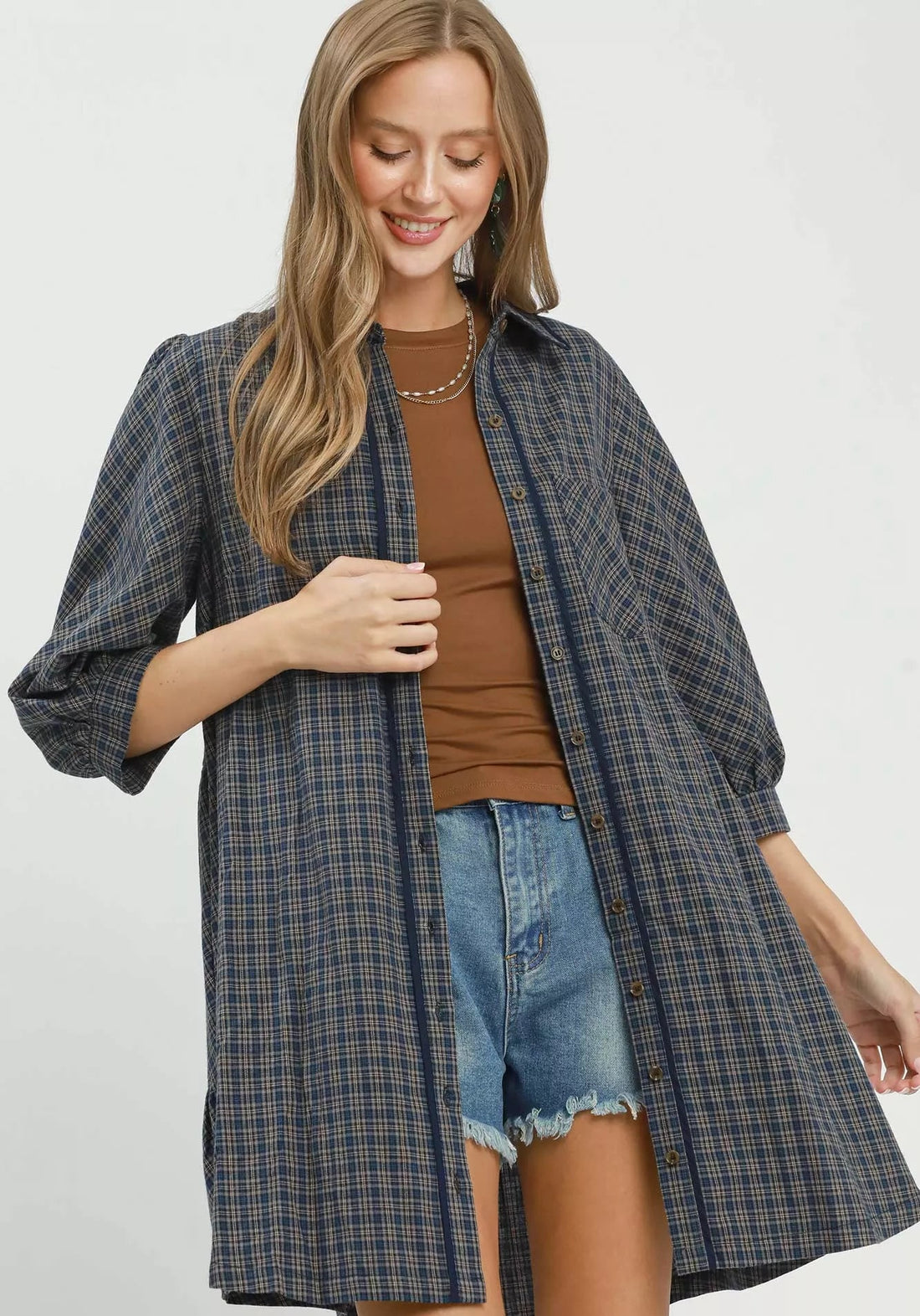 Navy plaid button-down shirt dress with patch pockets and front button placket
