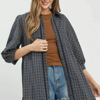 Navy plaid button-down shirt dress with patch pockets and front button placket