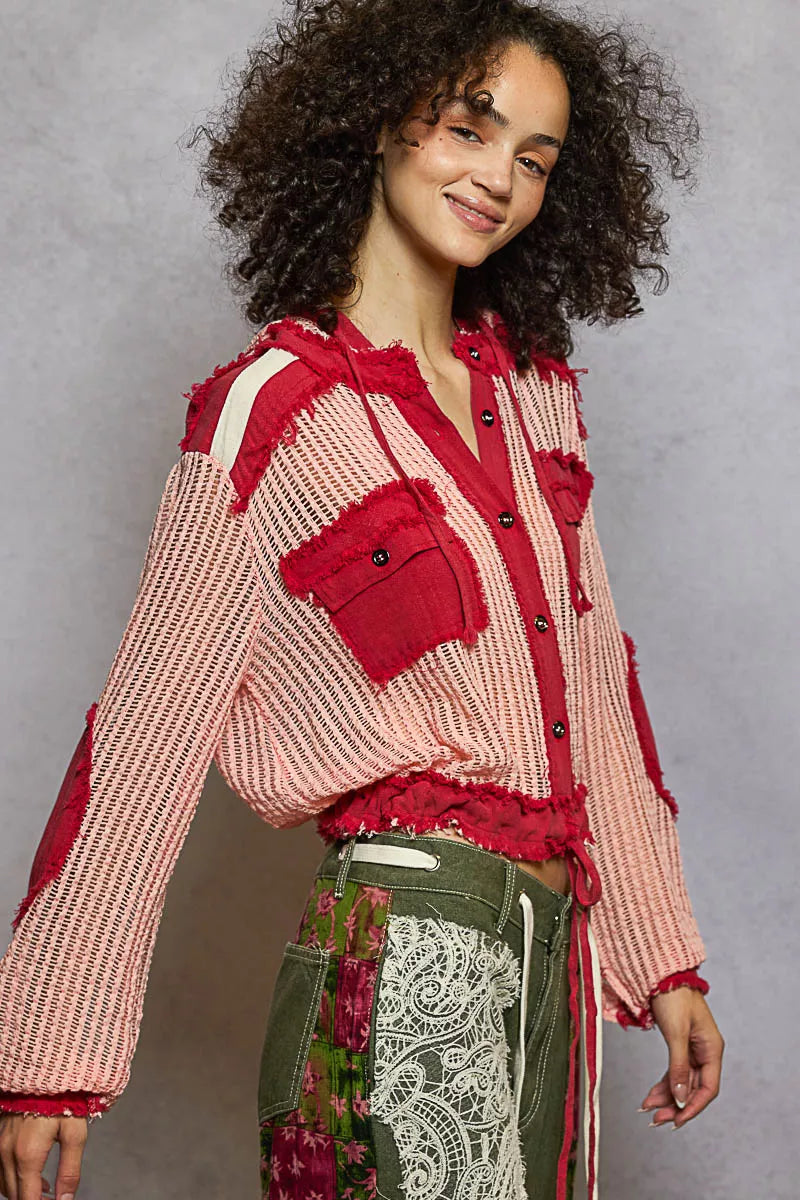 Hooded woven button-down shirt in blush red stripes with chest patch pockets