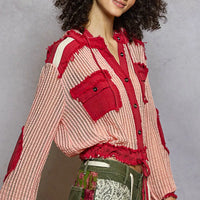 Hooded woven button-down shirt in blush red stripes with chest patch pockets