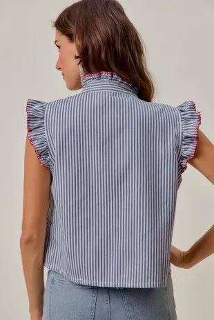 Back view of ruffled sleeveless striped vest top with blue-and-white vertical stripes
