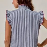 Back view of ruffled sleeveless striped vest top with blue-and-white vertical stripes