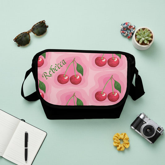 Canvas Messenger Bag, Custom Pink Cherry Green Print Crossbody, Personalized Shoulder Handbag, Large Purse
