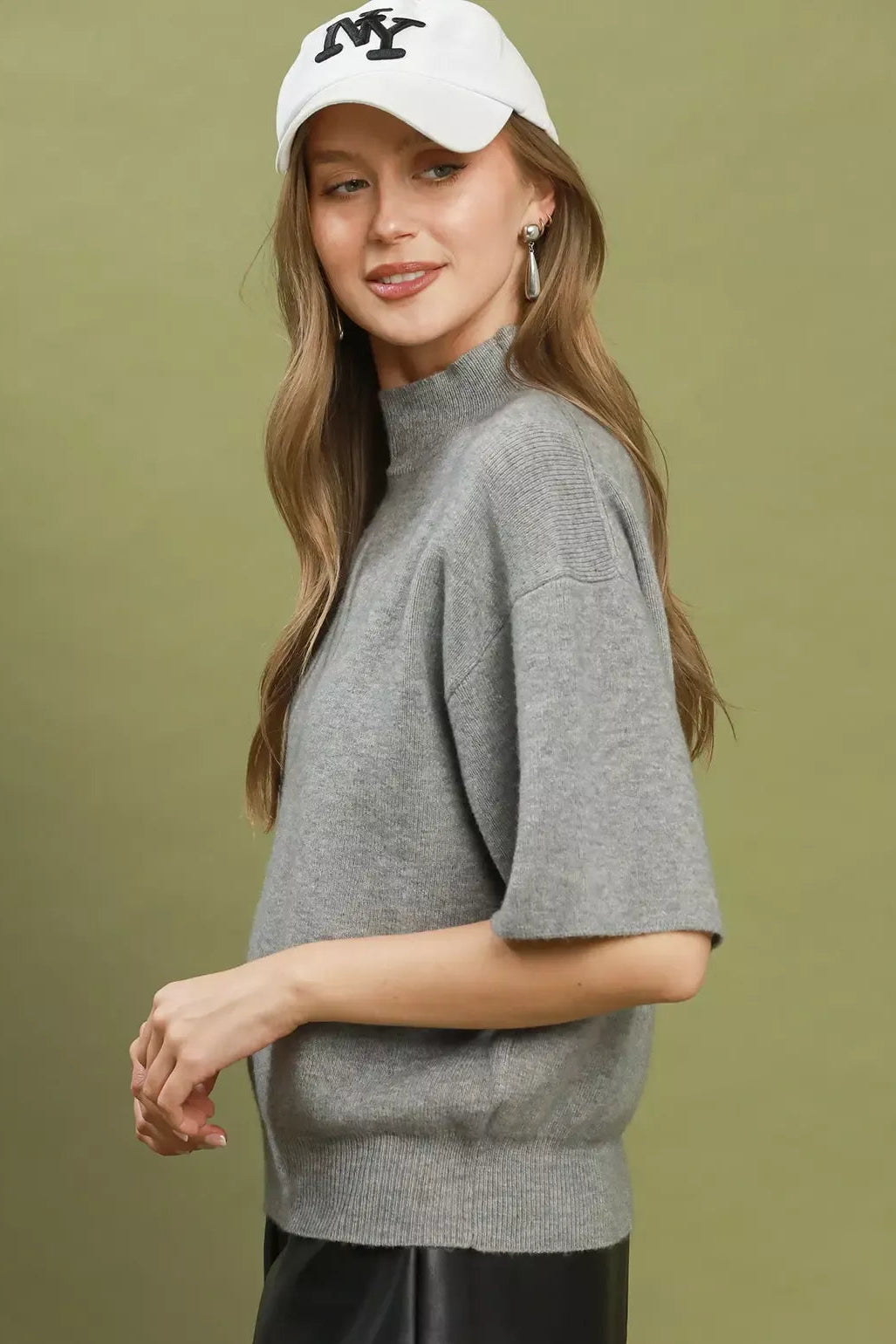 Grey mock-neck knit sweater top, short sleeves