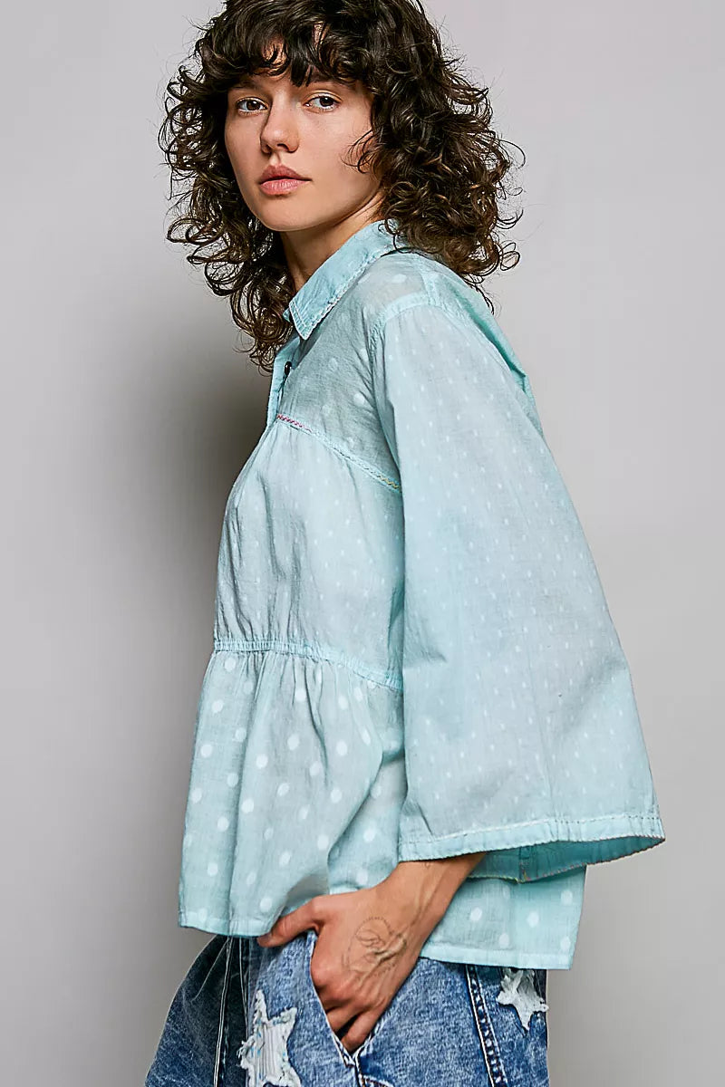 Aqua polka-dot button-front shirt with gathered waist and long bell sleeves