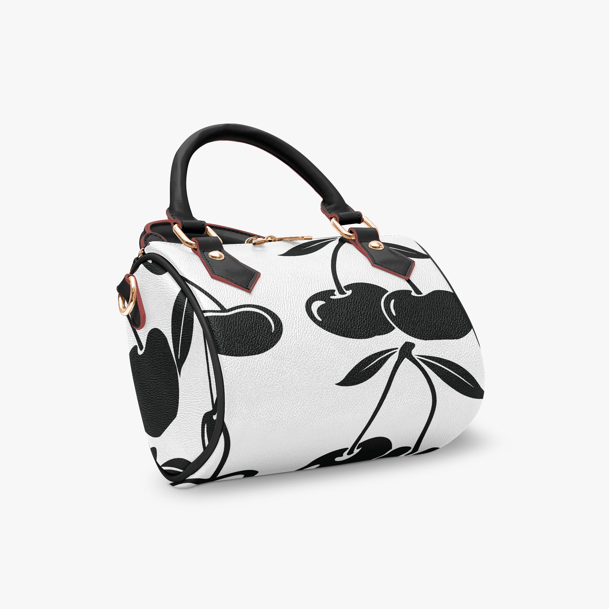 Cherry Handbag | Chic Crossbody Bag with Black Cherries on White