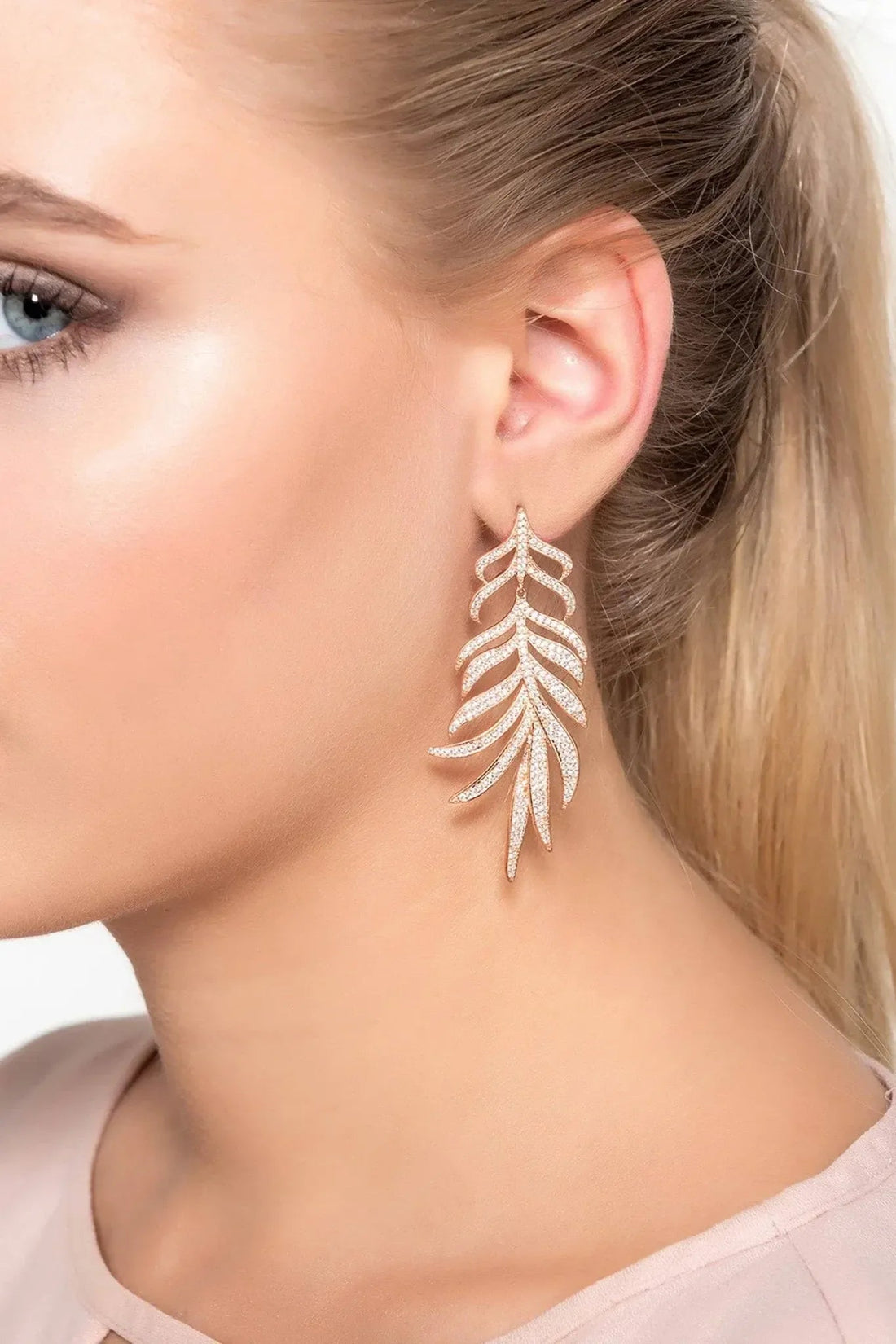 Feathered Leaf Statement Drop Earrings Rosegold-2