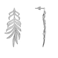 Silver feathered leaf drop earrings with post backs, side view of dangling leaves