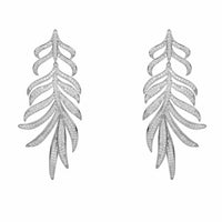 Silver feathered leaf statement drop earrings, dangling pair with glittering texture