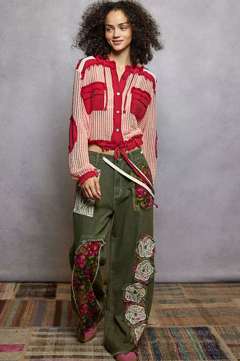 Hooded woven button-down shirt with red-and-blush stripes, chest pockets, drawstring hem