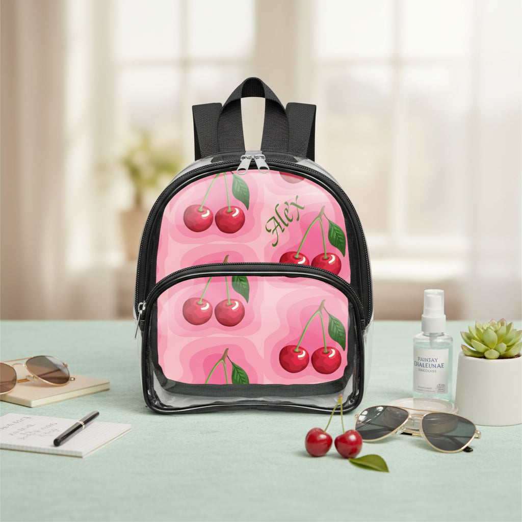 Clear Backpack with Name | Personalized Pink Cherry Mini Transparent Rucksack