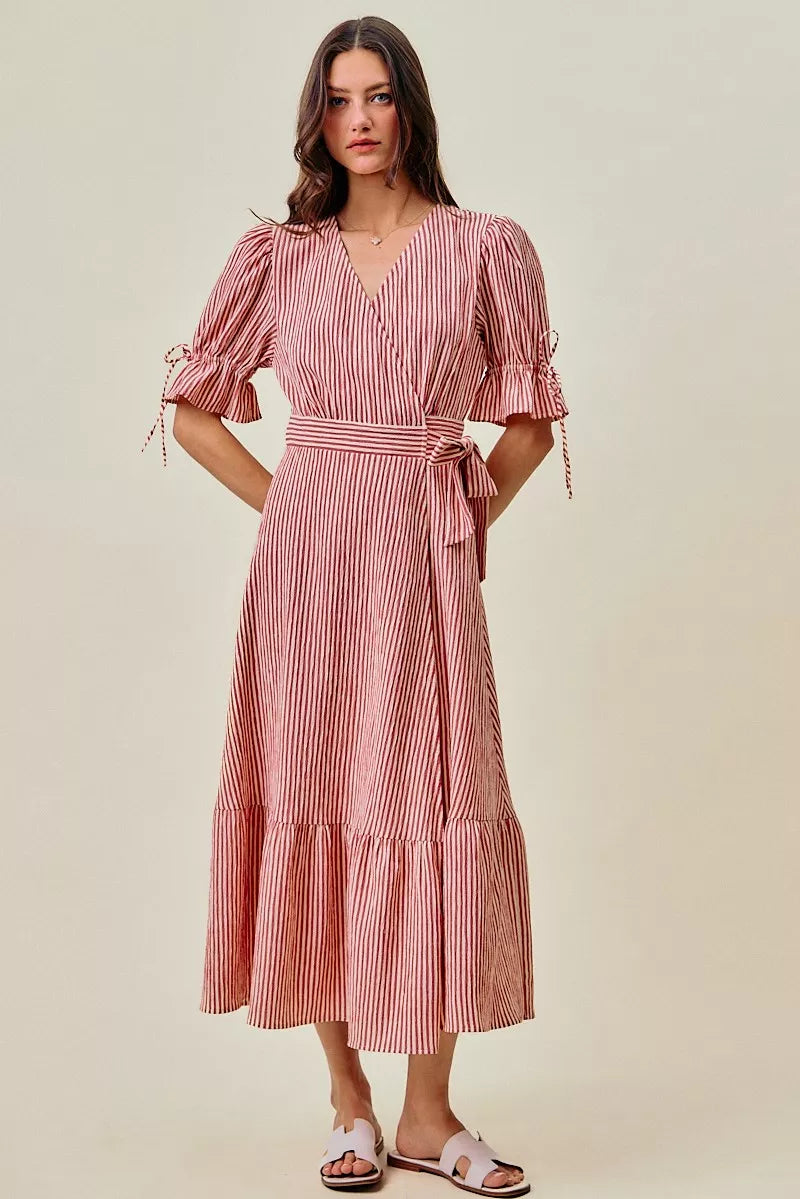 Red and white striped wrap midi dress with short puff sleeves, tiered hem, belted waist
