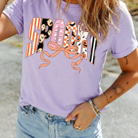 Lavender purple crew-neck T-shirt with front Halloween letter graphic, short sleeves