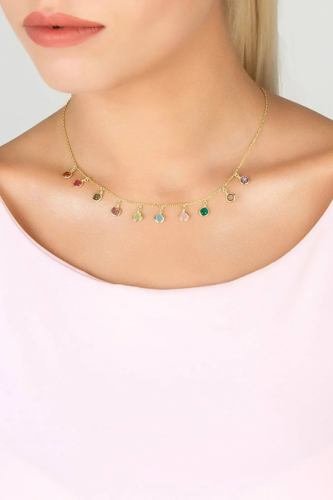 Florence Multi Coloured Gemstone Necklace Gold-1