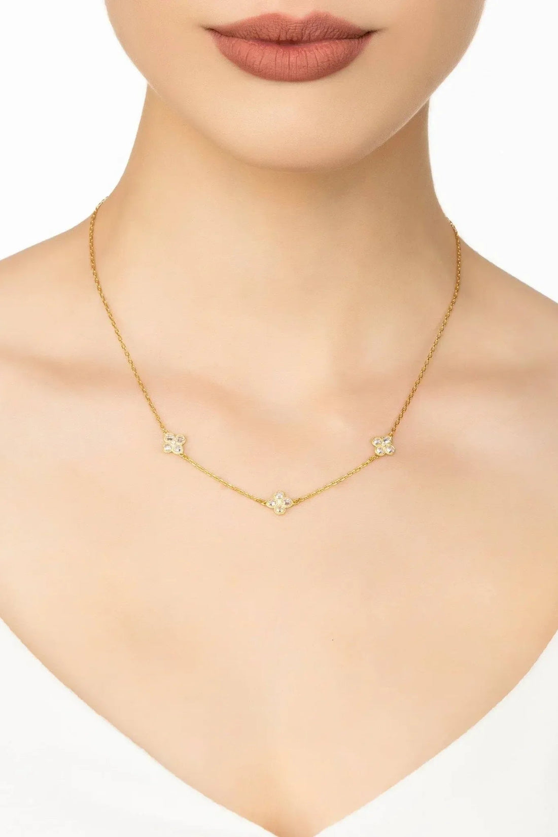 Flower Clover Triple Choker Necklace Gold-1